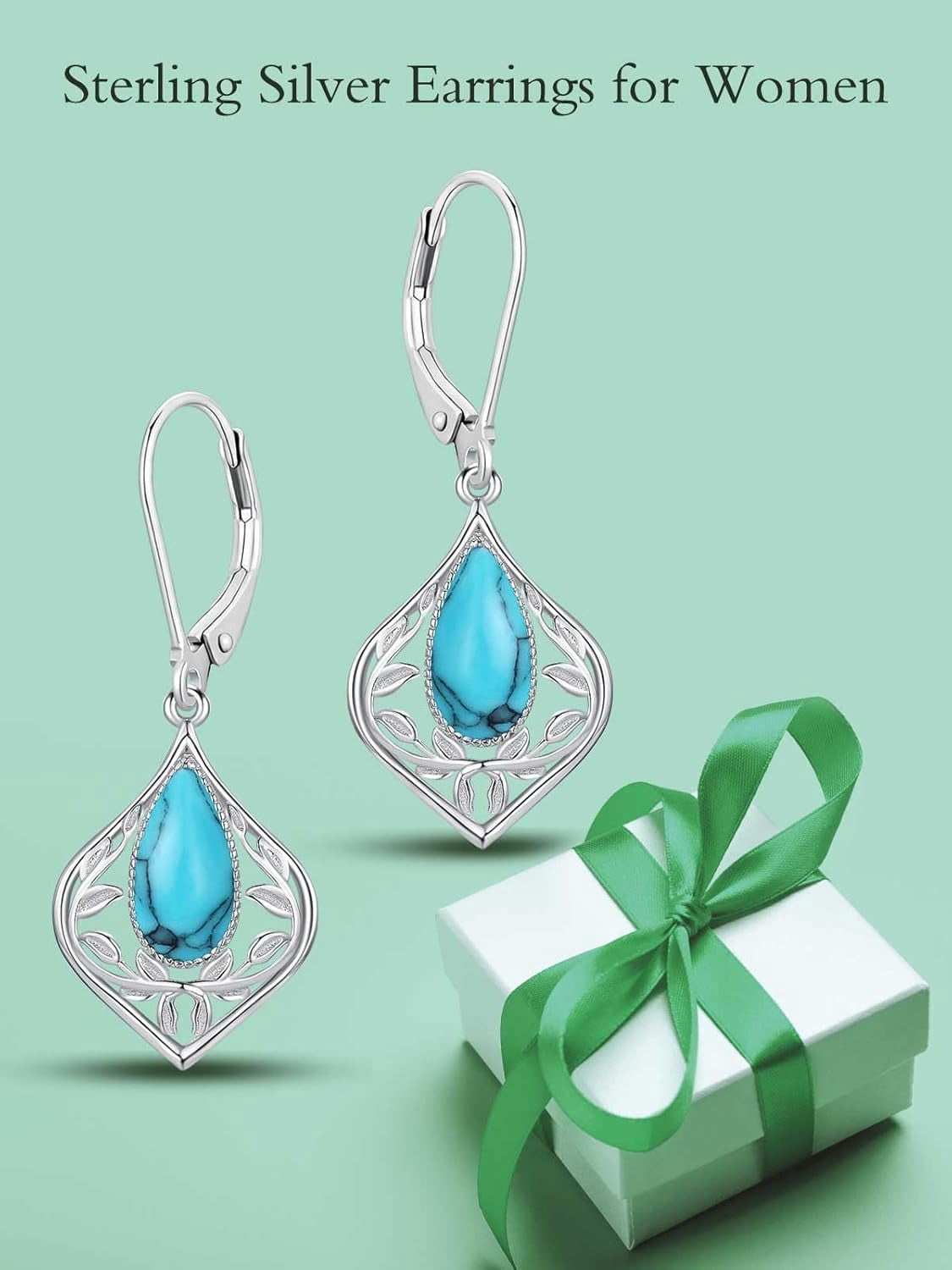 JKR Moss Agate Filigree Teardrop Earrings 925 Sterling Silver Gemstone Leverback Earrings Jewelry Birthday Valentines Mothers Day Gifts for Women