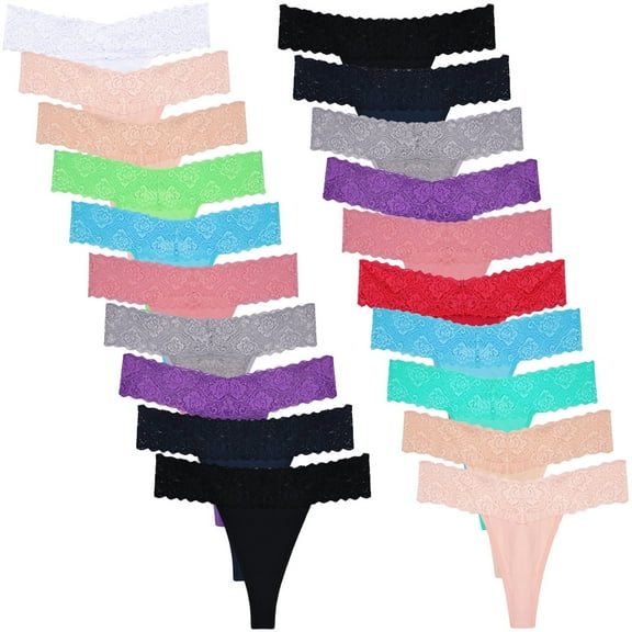 Sunm Boutique Lace Thongs for Women, 20-Pack Low Rise No Show Stay-Put Breathable