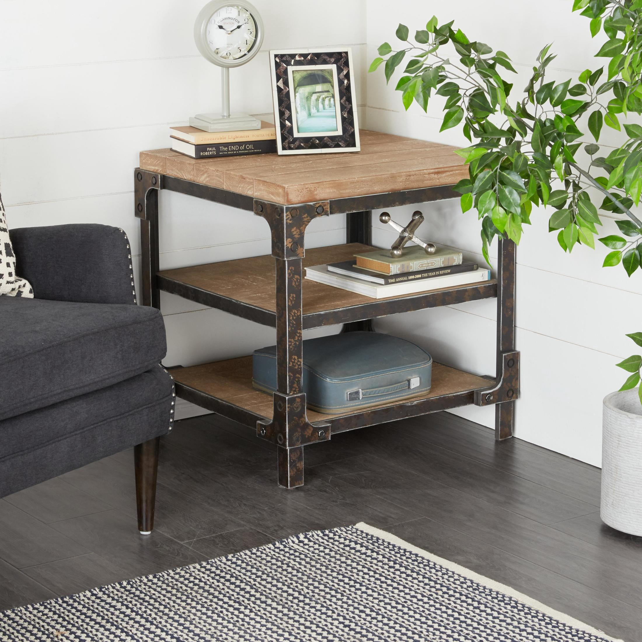 DecMode 24" x 26" Brown Wood 2 Shelf Accent Table, 1-Piece