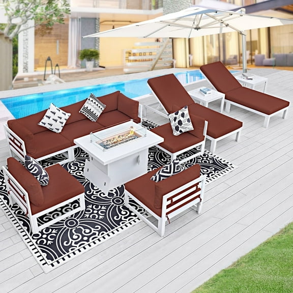 RADIATA 11 Pieces Aluminum Outdoor Patio Sectional Furniture Sofa Set with Fire Pit Table Large Size Luxury Comfortable Durable Water/UV-Resistant Garden Porch Backyard Party (Burgundy Cushion)