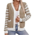 thumbnail image 2 of Betivan Womens Fall Coats Women New Sweater Cardigan Striped Contrast V-neck Button Knitted Coat for Autumn and Winter with Pocket -Clothes, 2 of 5