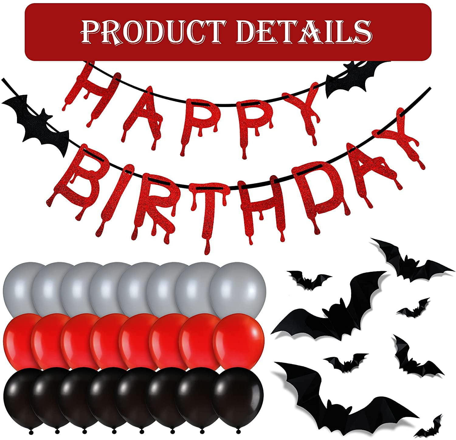 Red&Black Glittery Happy Birthday Banners with Bloody Weapons,Vampire Diaries Party Decorations,Scar Halloween Decorations Birthday Party,Halloween Birthday Supplies Happy Birthday Banner Halloween