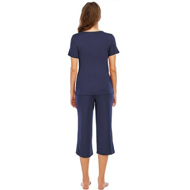 Women Sleepwear Set V Neck Top Pants Modal Pajamas Nightwear, Blue