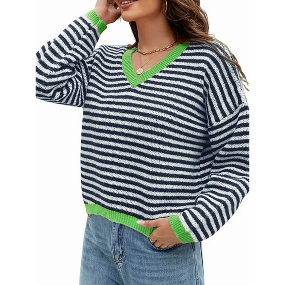 Women'S Long Sleeve Striped Sweater V Neck Color Block Soft Knit Pullover Trendy Jumper Tops Blue & White S