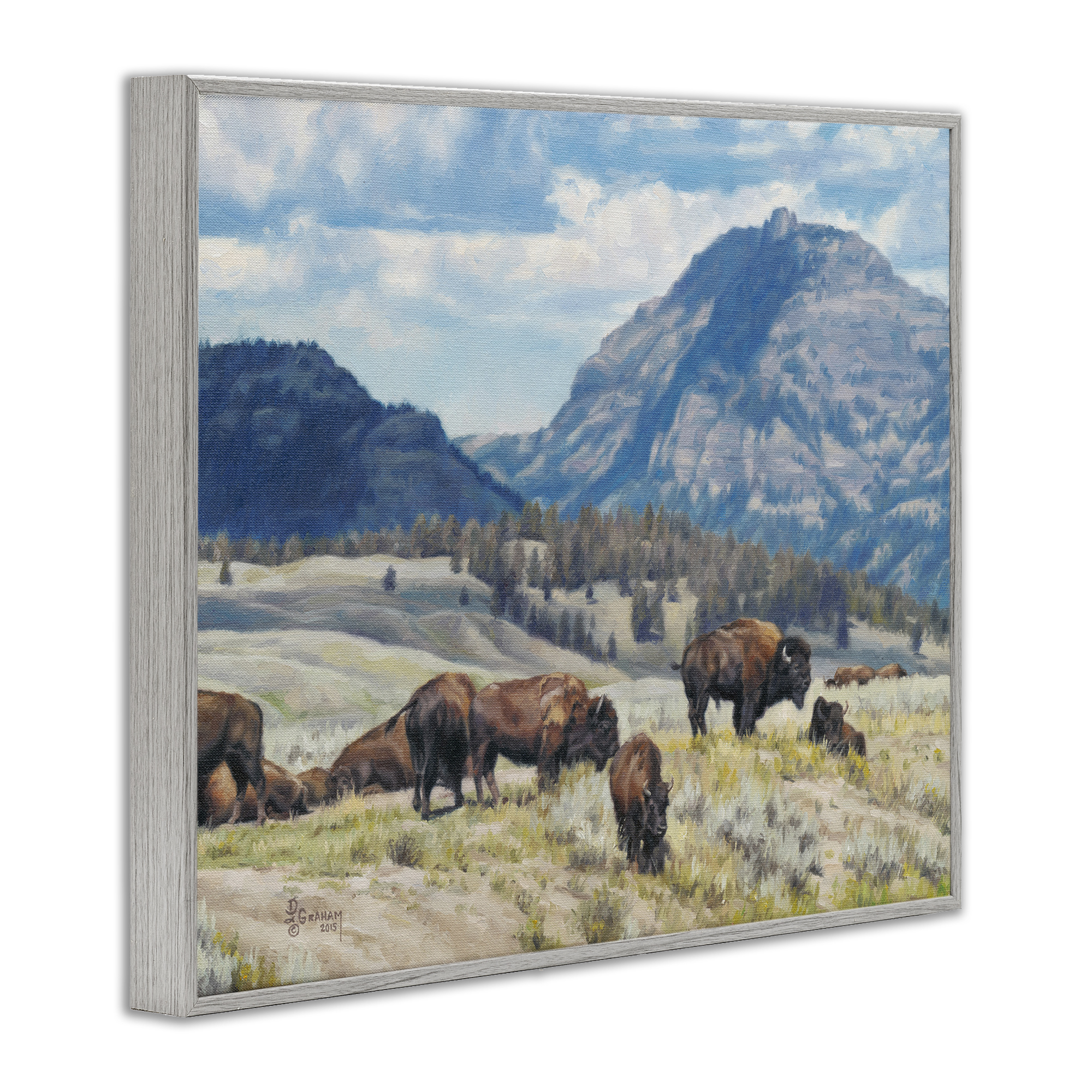 Stupell Industries Sunny Afternoon Bison Landscape Painting Gray Framed Art Print Wall Art, 14 x 11