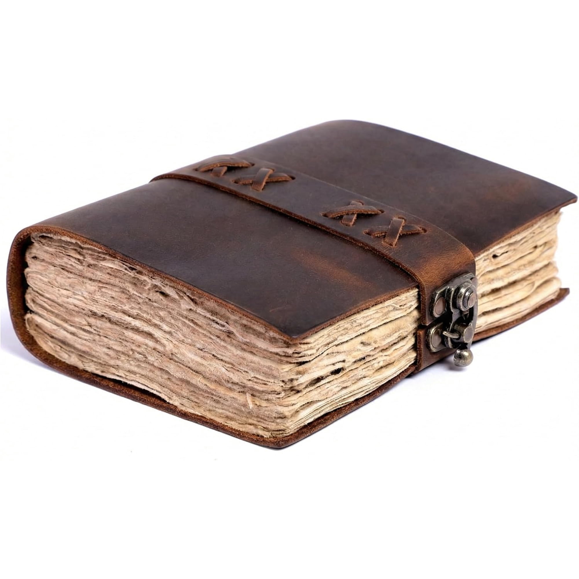 Leather Bound Vintage Journal for Women & Men - Book of Shadows - Lock Closure - 200 Pages of Antique Deckle Edges Handmade Paper - Rustic Brown Color - 7 X 5 inches