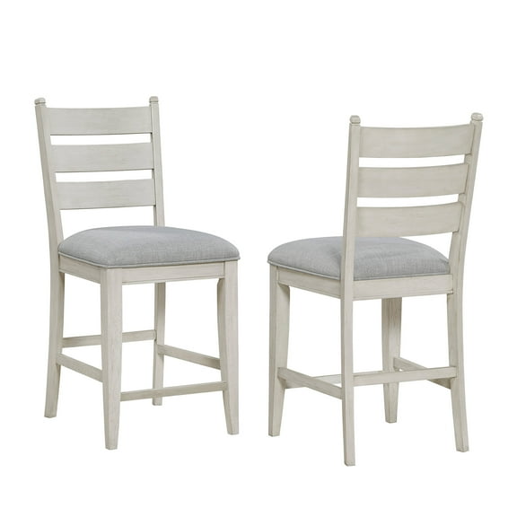 JERFIT Farmhouse Counter Height Dining Chairs Set of 2, Antique White Wood Stools with Gray Padded Seat for Kitchen Island, Casual Ladder Back Design