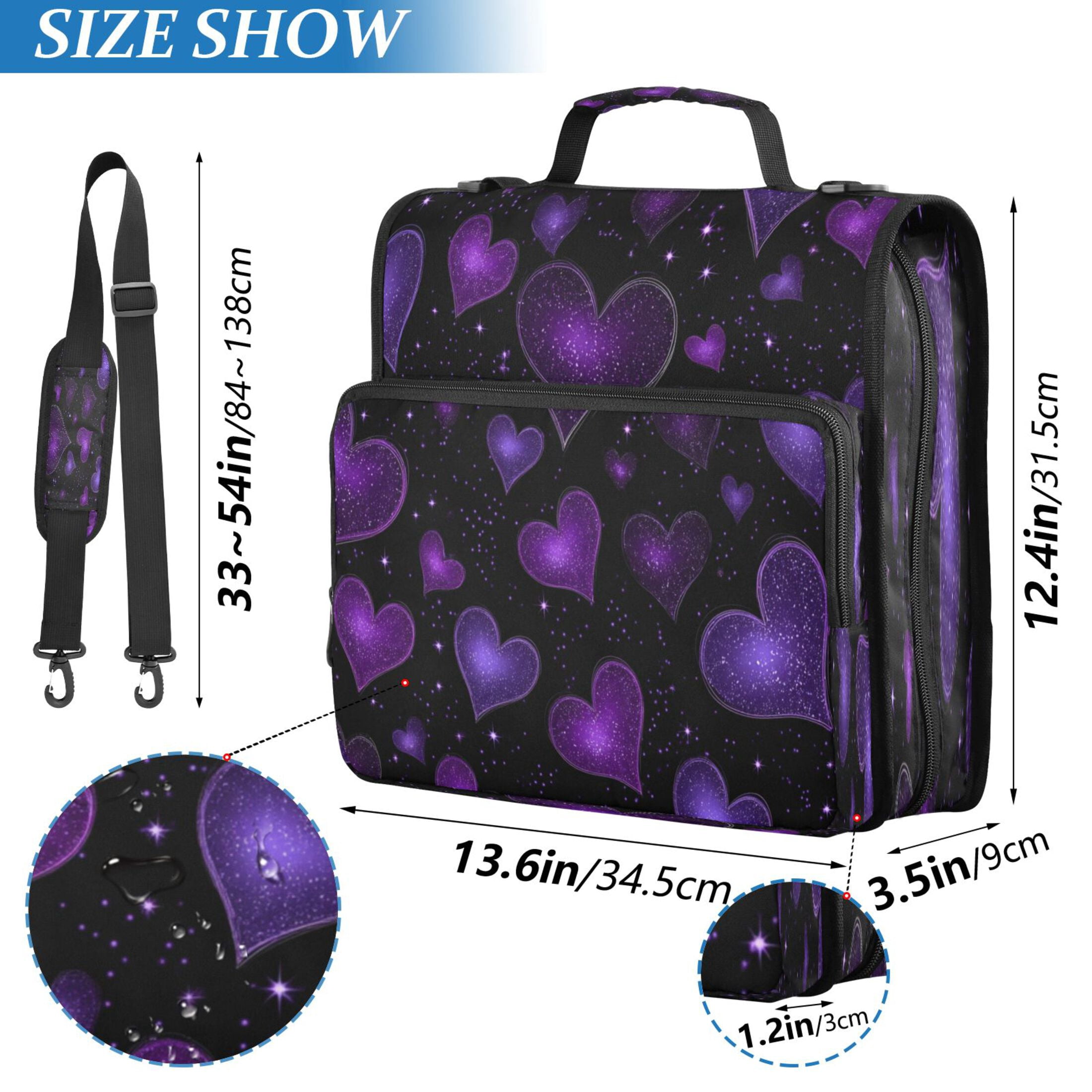 3 Ring Zipper Binder Stationery Organizer for Study Work Home Travel, All-Purpose File Folder Storage Bag for Daily Document Organization Amethyst Diamond Hearts