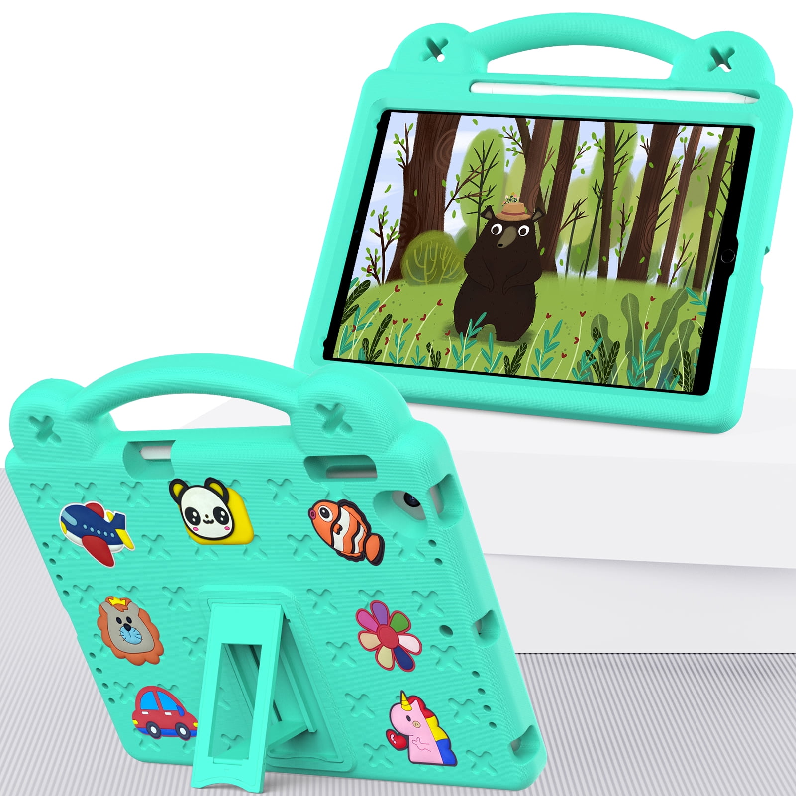 ELEHOLD Kids Case for iPad 6th/5th Gen/Pro (2018/2017/2016) 9.7 inch, EVA Foam Cute Cartoon Case with Built-in Kickstand Pencil Holder Shockproof Portable Case for iPad 9.7"/iPad Air/Air 2,Mintgreen