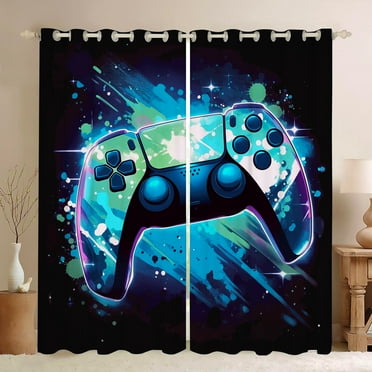 Gamepad Blackout Curtains Teens Boys Kids Gaming Video Game Room Bedroom Living Room Decor Darkening Window Treatments Drapes Grommet Blue 2 Panel 52" W x 63" L