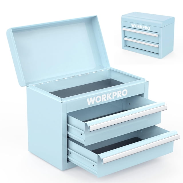 Workpro Mini Metal Tool Box With 2 Drawers And Top Storage, Small Tool Chest With Pvc Liners And Pp Feet Pads, Cold Rolled Steel Toolbox With Magnetic Tab