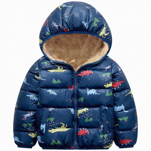 Baby Boys Coats & Jackets Winter Thick Cartoon Dinosaur Print Hooded Long Sleeve Kids Warm Tops Coat Daily Wear Blue,Cartoon Dinosaur Coat 2-3 Years