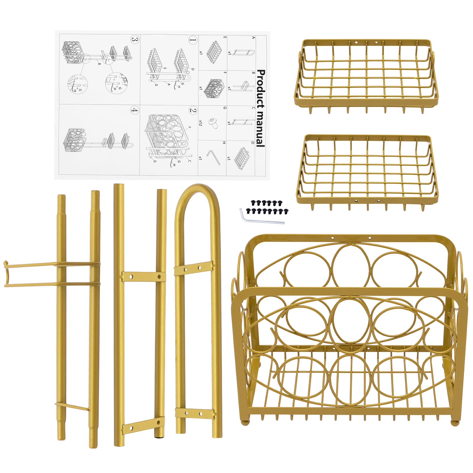 Oasis Creations Toilet Paper Holder Tissue Rack Stand with Magazine Toilet Roll Storage Basket- Freestanding, Gold Metal