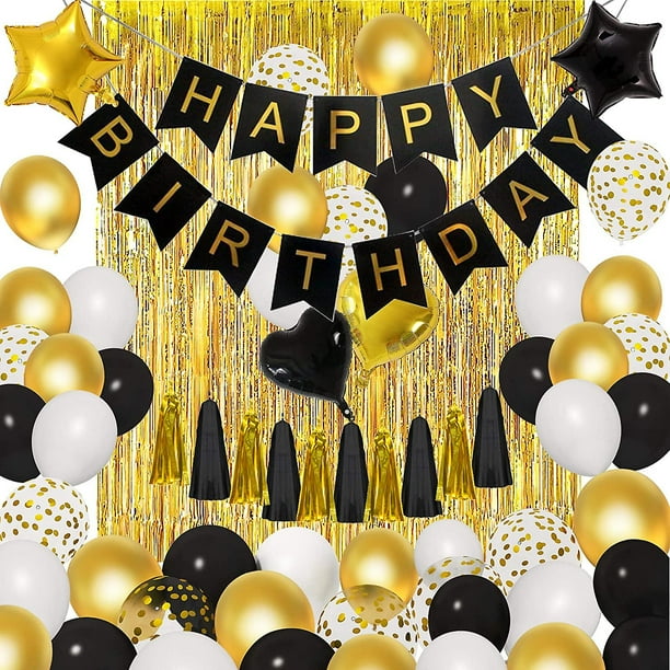 Decoraciones de cumpleaños para hombres y mujeres, globos negros y dorados, decoraciones para fiestas, pancarta de feliz cumpleaños, borlas, cortinas con flecos metálicos, 30, 40, 50, 70