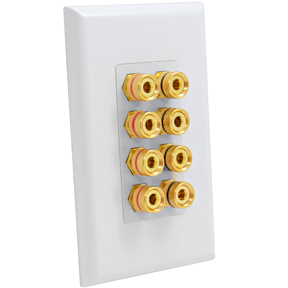 Seismic Audio White 4 Speaker Banana Plug / Speaker Wire Wall Plate