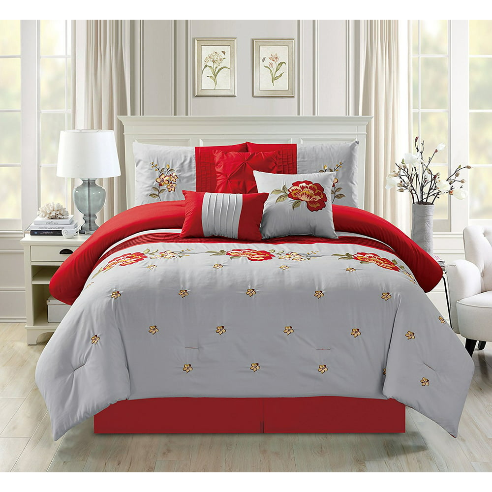 Empire Home Oversized Gray And Red 7 Piece Floral Embroidered Bedding