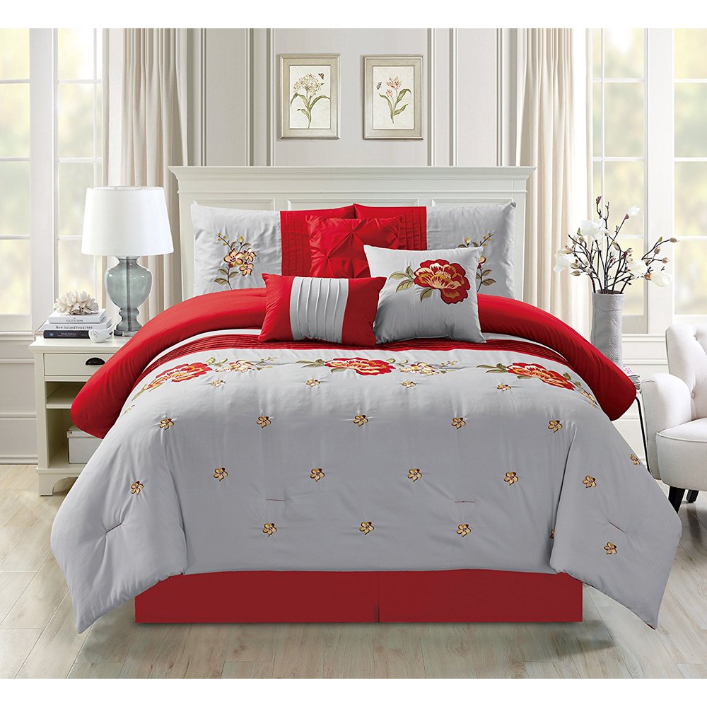 Empire Home Oversized Gray & Red 7Piece Floral Embroidered Bedding