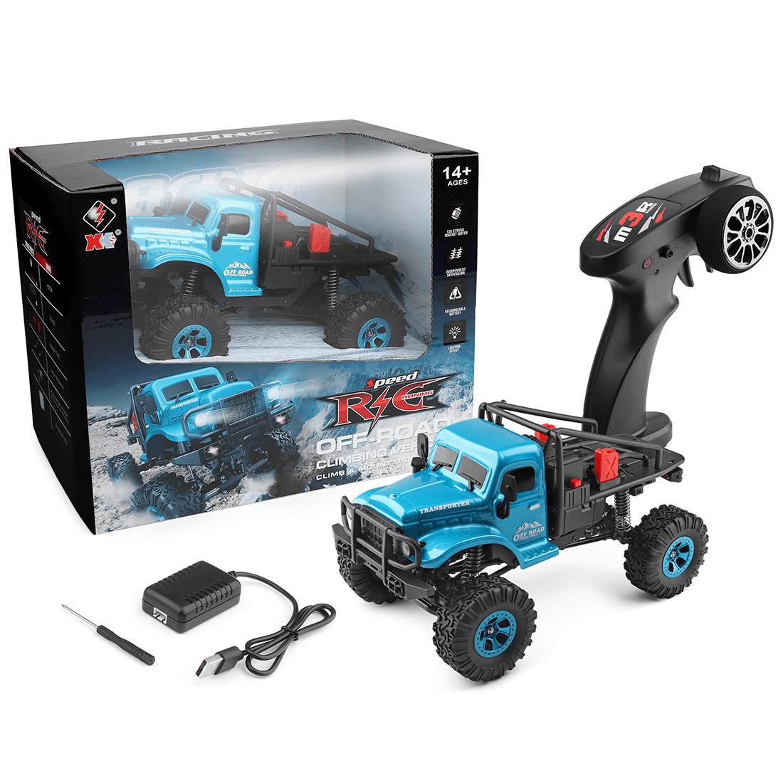 1:18 4WD RC Off-Road Rock Crawler, High-Torque Climbing Truck with LED Lights, 7.4V Rechargeable Battery, 2.4GHz Remote Control & All-Terrain Tires Hobby-Grade RC Car for Adults
