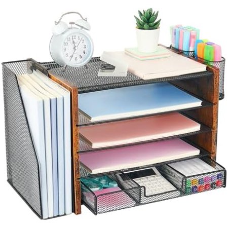 Wood Desk Organizers and Accessories with File Organizer 5-Tier Paper Organizer with Drawer & Pen Holder Office Desk Accessories Workspace Desktop Storage for Office Supplies Organization(Brown)