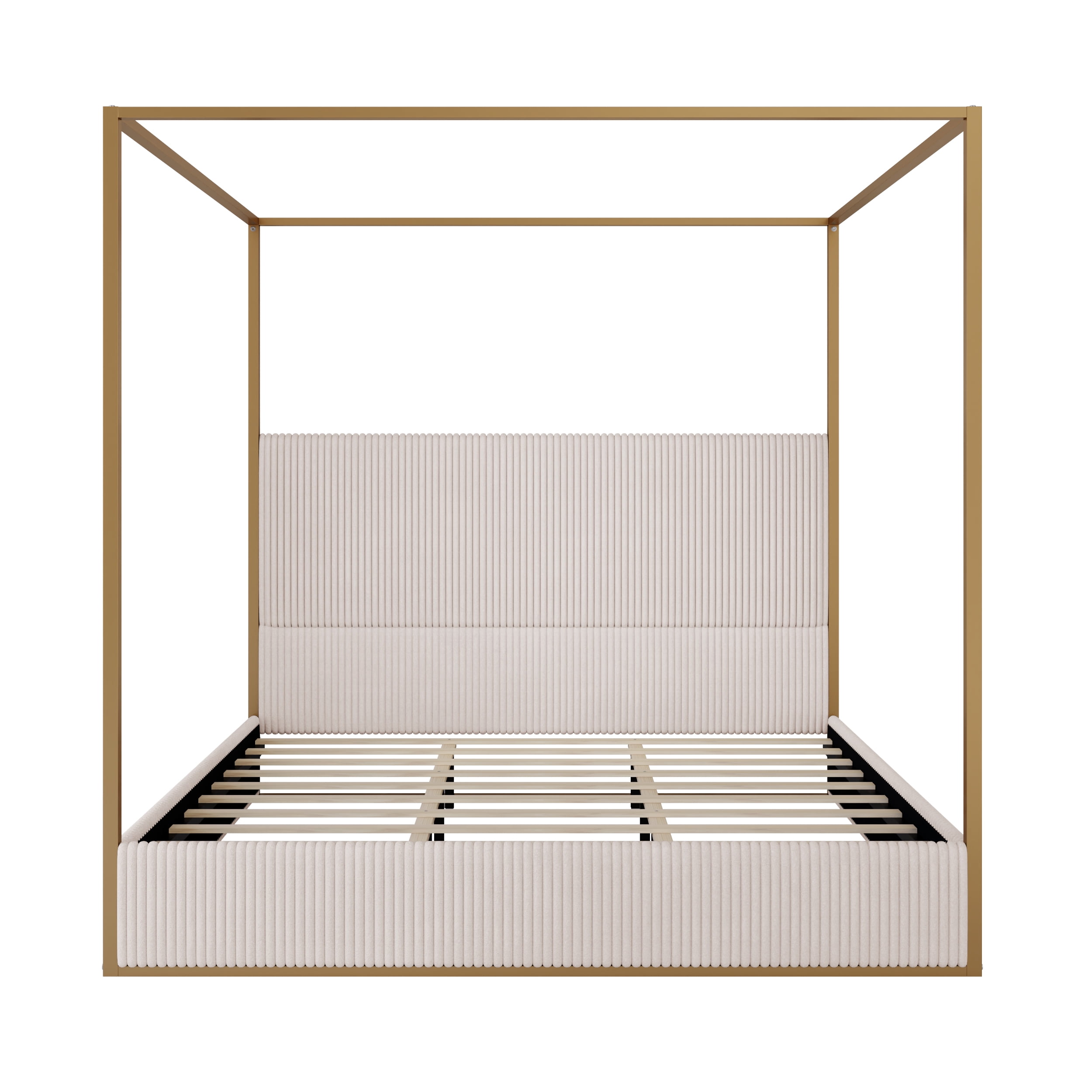 Euroco Metal King Size Canopy Bed, Modern Luxury Upholstery Headboard and Four Poster, Beige