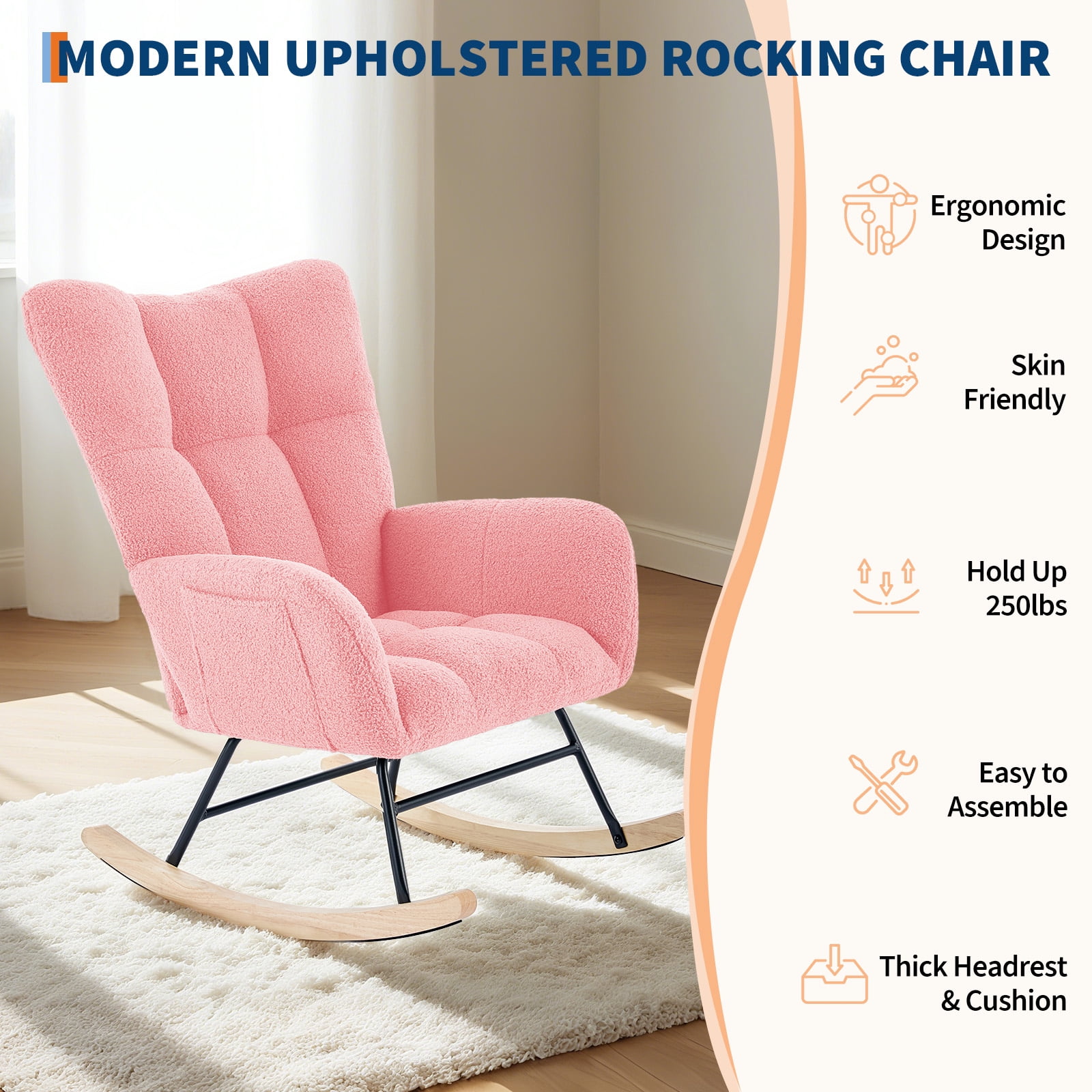 Cozy Upholstered Rocking Chair, Modern Glider Design for Nursery or Living Room, Comfortable High-Back Seat with Neck Pillow Support, Durable Metal Frame and Wooden Rockers, Pink