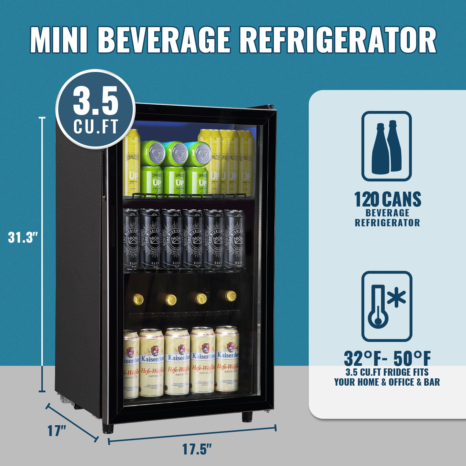 WANAI Beverage Refrigerator Cooler 3.5 Cu.ft Beer Fridge with Glass Door LED Light Adjustable Shelf