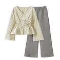 thumbnail image 3 of SGFCWSX Girls 2 Piece Outfits Bell Sleeve V Neck Peplum Tops Striped Wide Leg Pants Casual Clothes Set Beige Size 11, 3 of 9