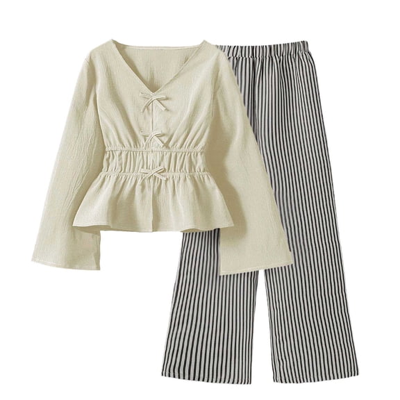 ZACPNCV Teen Girls 2 Piece Outfit Set V-Neck Bow Decor Long Sleeve Peplum Top & Elastic Waist Striped Wide Leg Pants Kids Summer Elegant Casual Outfits 7-8Years Beige