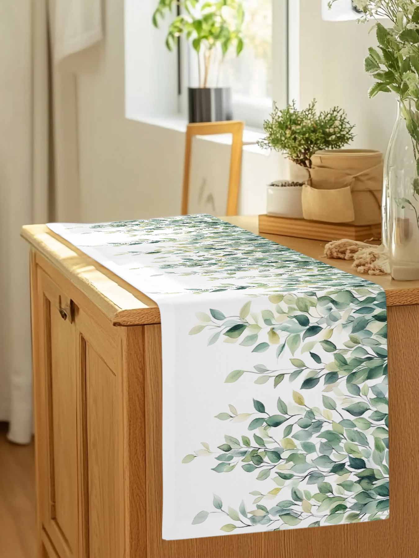 Green Watercolor Eucalyptus Leaves Table Runner 90 Inches Long, Spring Foliage on White Table Runners Tabletop Scarf Kitchen Dining Tables Decoration for Home Party Indoor Outdoor