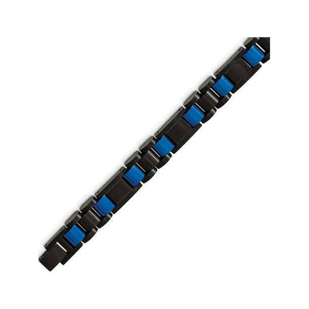 Bracelet en Acier Inoxydable Brossé & Poli Noir & Bleu Ip-Plaqué 8.75in