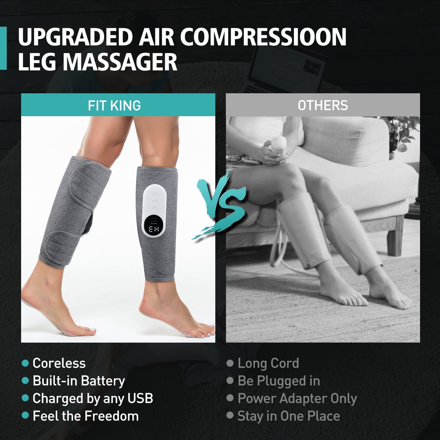 Leg Massager for Circulation, Air Compression Massager for Calf Foot Legs Muscle, 3 Modes 3 Intensities Leg Massager and Heat Calf Wraps Massager for All Size,Relief Leg Muscle Fatigue,2Pcs