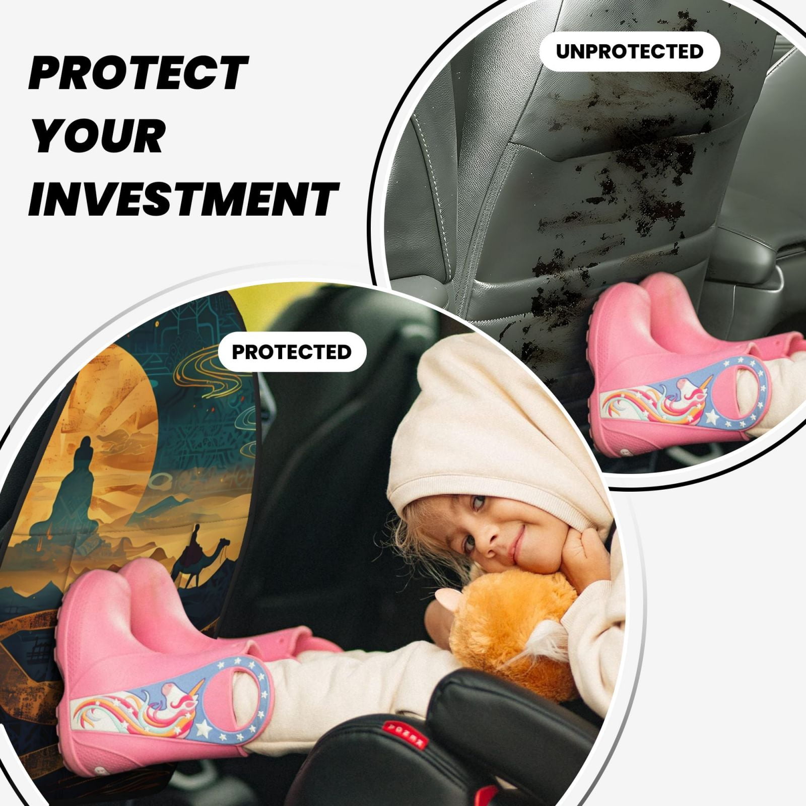 Xecao Sunset Desert Journey Pattern Car Seat Back Protector 2 Pack Large Capacity Pocket, Kick Mats Back Seat Protector