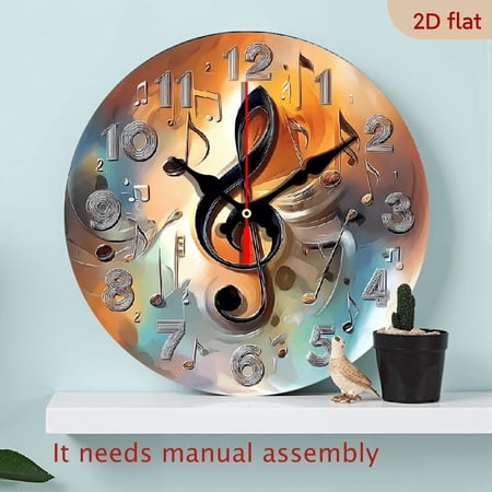 2D Flat 1pc 10Inch Rustic Farmhouse Music Notes Wooden Wall Clock - Silent Quartz Movement, Decorative 2D Flat Design with Vibrant Orange Blue Treble Clefs Musical Notes, Perfect for Kitchen, Be