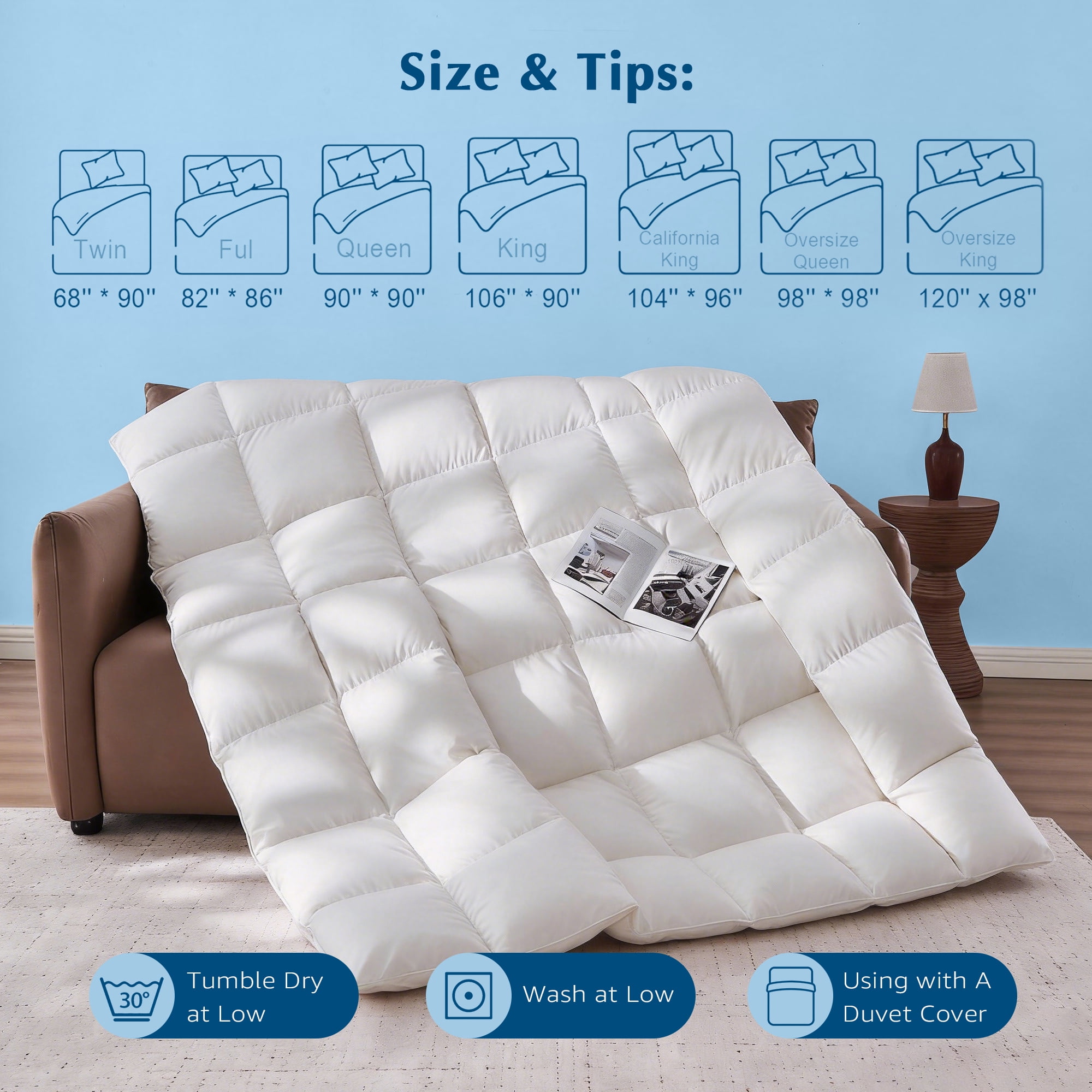 Dafinner All Season Goose Feather Down Comforter, 100% Organic Cotton Oversized King Size Duvet Insert with 4 Corner Tabs (120x98 inches, White)