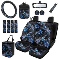 Uorisanigo Dragonfly Flower Front and Back Seat Covers Set Steering Wheel Cover Seat Belt Pad Car Coasters Trash Can Air Vent Organizers Rearview Mirror Cover Key Chain, Set of 15 Car Accessories