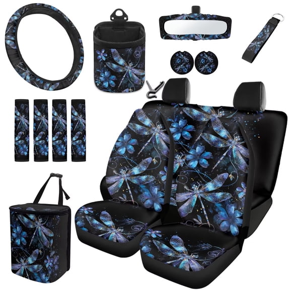 Uorisanigo Dragonfly Flower Front and Back Seat Covers Set Steering Wheel Cover Seat Belt Pad Car Coasters Trash Can Air Vent Organizers Rearview Mirror Cover Key Chain, Set of 15 Car Accessories