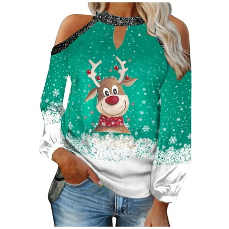 

Ichuanyi Womens Fall Tops Clearance Women Autumn Christmas Printed Sexy Lantern Long Sleeve Strapless Pullover Off Shoulder Blouse T-shirt Tops