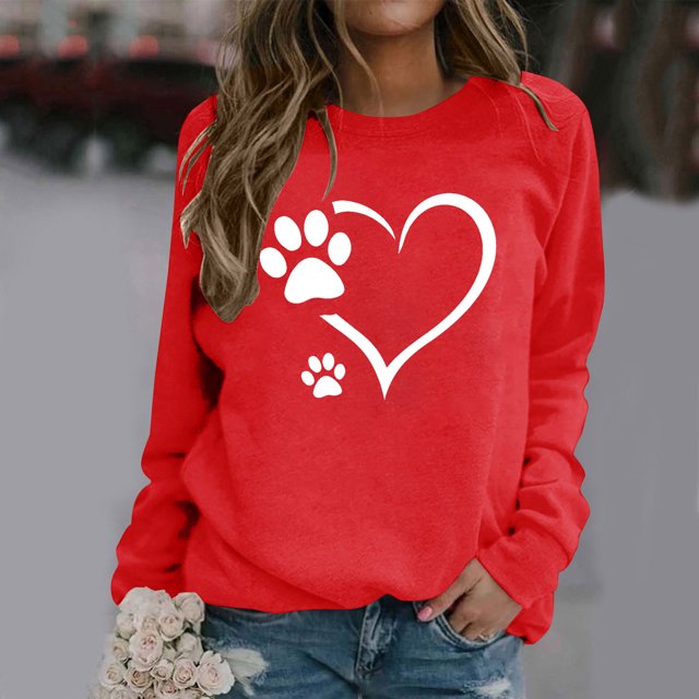 Fartey Chandail en Molleton de la Saint-Valentin pour Femmes en Liquidation Mode Mignon Imprimé Cœur Col Rond Chandail Décontracté Ample Manches Longues Chandails en Molleton de la Saint-Valentin 2025 Rouge