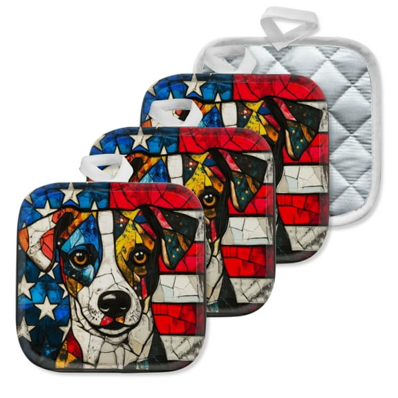 4 Pack Pot Holders,Kitchen Essential, Potholder Set,Stained Glass Style Painting Of A Dog'S Head With Flag Elements