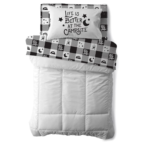 Life is Better at The Campsite /RV Bunk Sized Bed Sheets | Features Camping Theme Design on Plaid Pattern | Crafted of Soft Machine Washable Polyester | 3-Piece Set (53475)