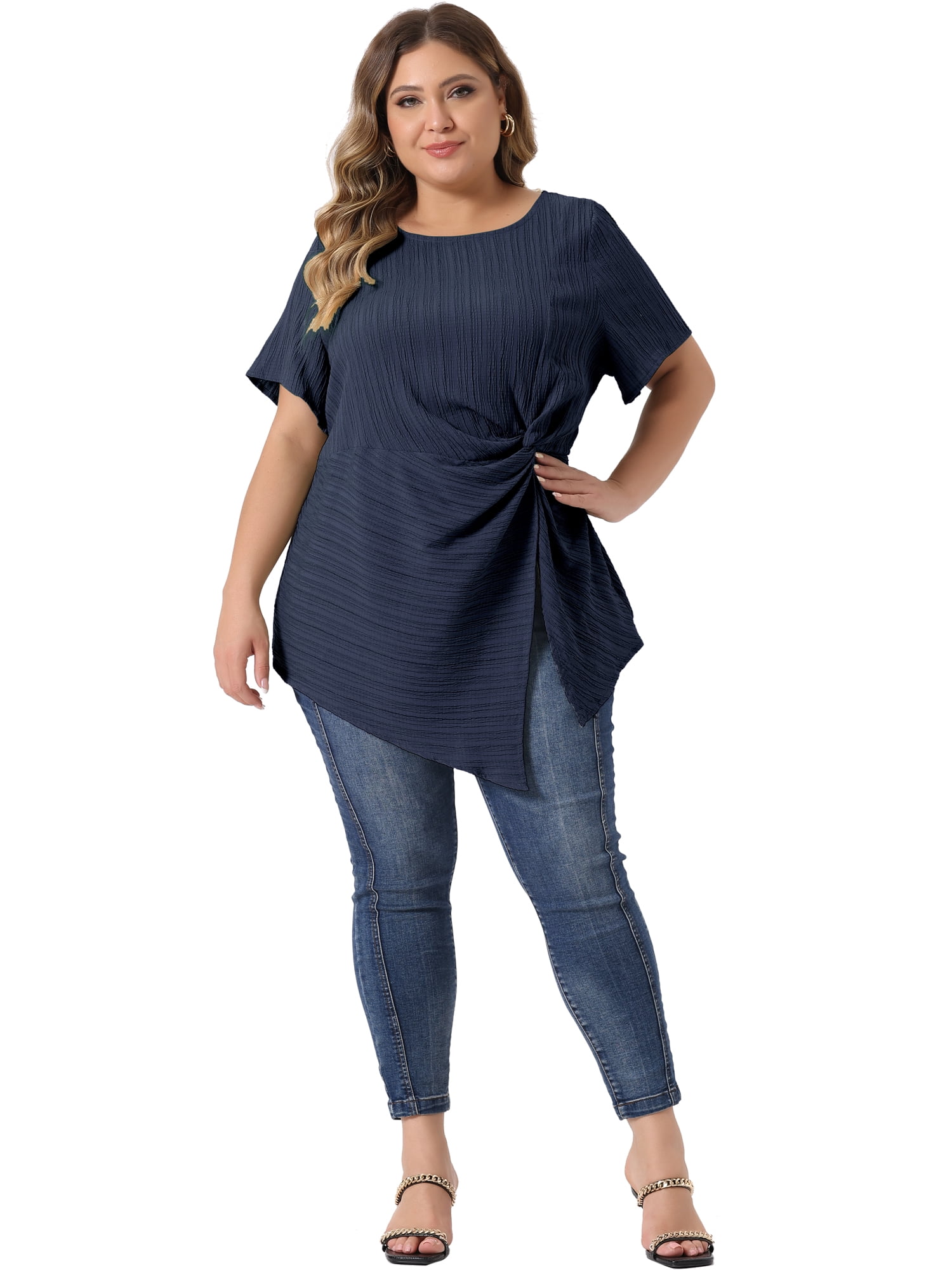 Unique Bargains Women Plus Size Asymmetrical Hem Round Neck Short Sleeve Twist Knot Top 4X Navy Blue