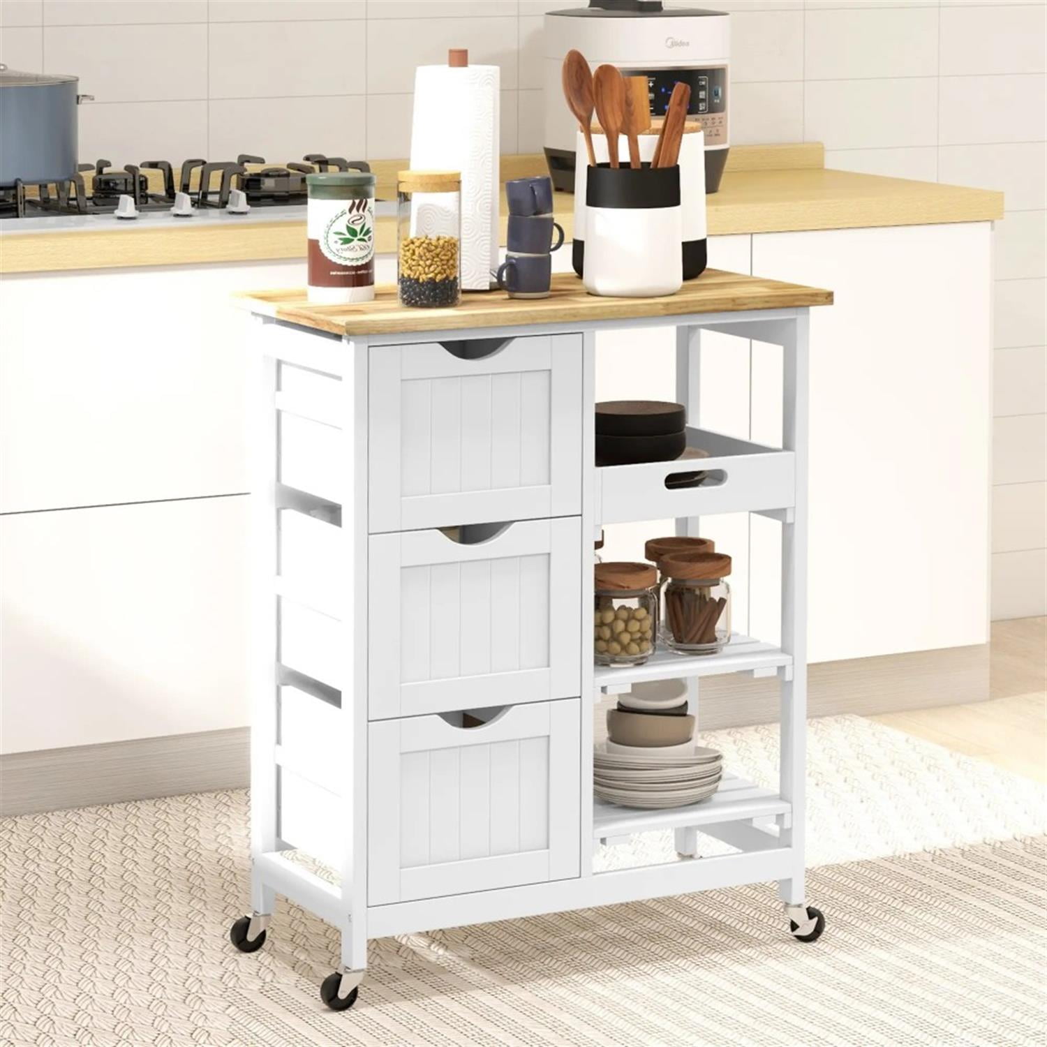 Demi Bonn 33" Kitchen Island Cart on Wheels with Shelves, Rolling Dining Room Serving Utility Carts Mobile Movable with Wood Top and Drawer, White