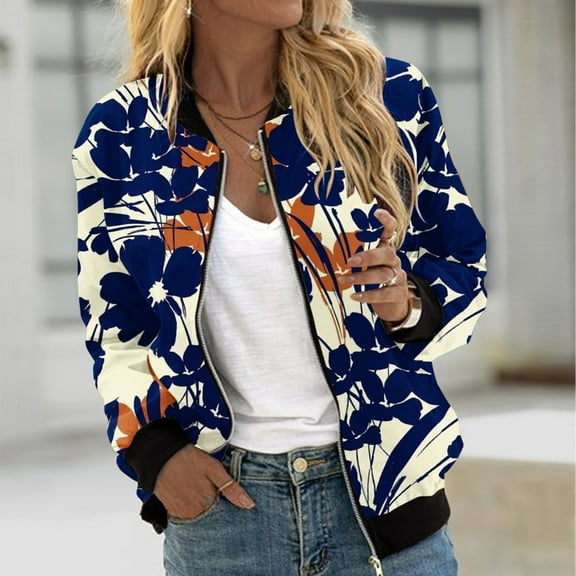 Wancir Bomber Jacket Women 2024 Causal Floral Zip Up Coats Long Sleeve Stand Collar Fall Jackets Lightweight Outerwear Tops