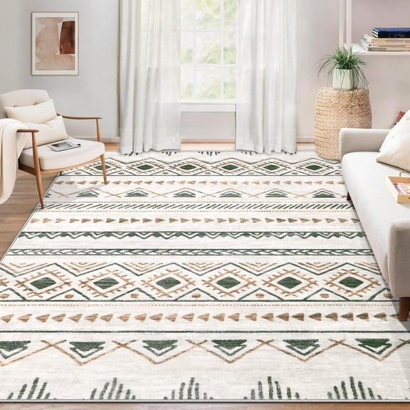 Boho Moroccan Geometric Area Rug Non-Slip Low Pile Indoor Floor Carpet Brown Green 6 Feet by 9 Feet