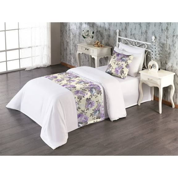 Vintage Flowers Bed Runner Set, Watercolor Nostalgic Flowers with Leaves Pattern on Cream Boho Back, Decorative Bedding Scarf & a Pillow Sham for Hotels Homes, Twin, Lavender Champagne, by Ambesonne