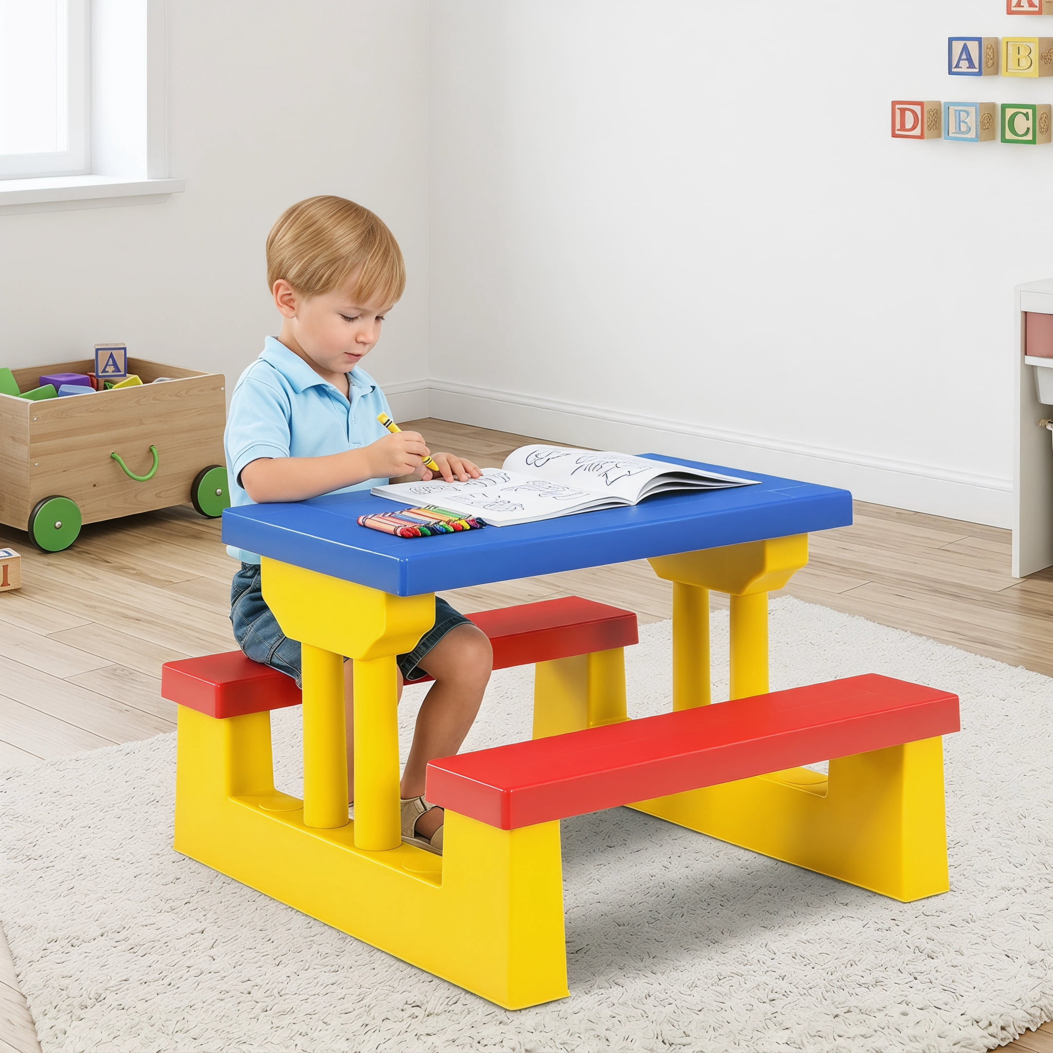 Kadyn Kids Picnic Table with Removable&Foldable Umbrella, Kids Indoor & Outdoor Table and Bench set with PP Material for Patio, Backyard, Yellow