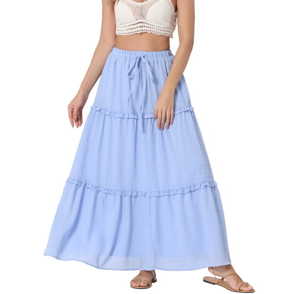 FALDA MAXI A LINEA PARA MUJERES INSPIRE CHIC, CINTURA ALTA, VOLANTE, CAPAS, CINTURÓN, TEXTURA DE REJILLA, FALDAS LARGAS CASUAL XS AZUL CLARO