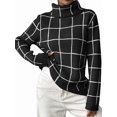 thumbnail image 3 of Women Fall High Neck Plaid Sweater Long Sleeve Loose Casual Chunky Checked Knit Winter Sweaters Jumper Tops, 3 of 8