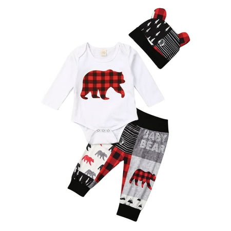 

3PCS Set Newborn Baby Boy Girl Long Sleeve Bear Cotton Bodysuit Tops Long Pant Trouser Hat Outfits Autumn Clothes