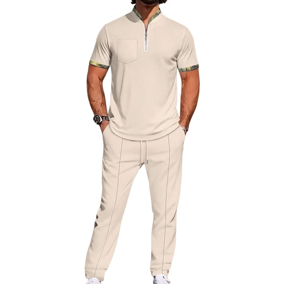 Men 2 Piece Casual Beach Outfits Short Sleeve Button Down Shirts Summer Loose Pant Sets Vacation Walking Outfits Khaki S
